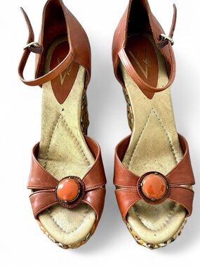 Vince Camuto Tan Leather Ankle-Strap Wedge Sandals with Orange Accent
